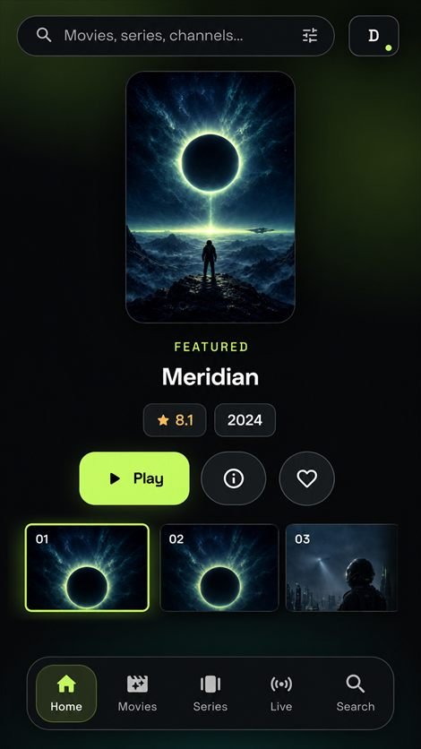 GoTo Player home screen with a featured title and navigation for Movies, Series, Live and Search